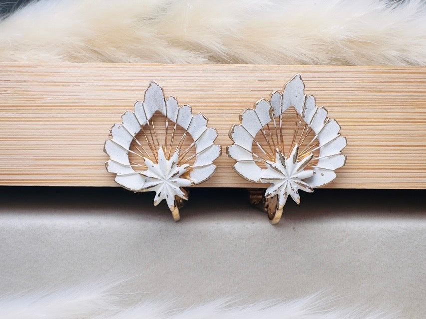 White Enamel Leaf Earrings, Vintage Whimsigoth Jewelry, Unique Gold Wire Work Clip On Earrings