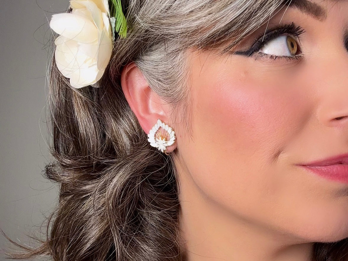 White Enamel Leaf Earrings, Vintage Whimsigoth Jewelry, Unique Gold Wire Work Clip On Earrings