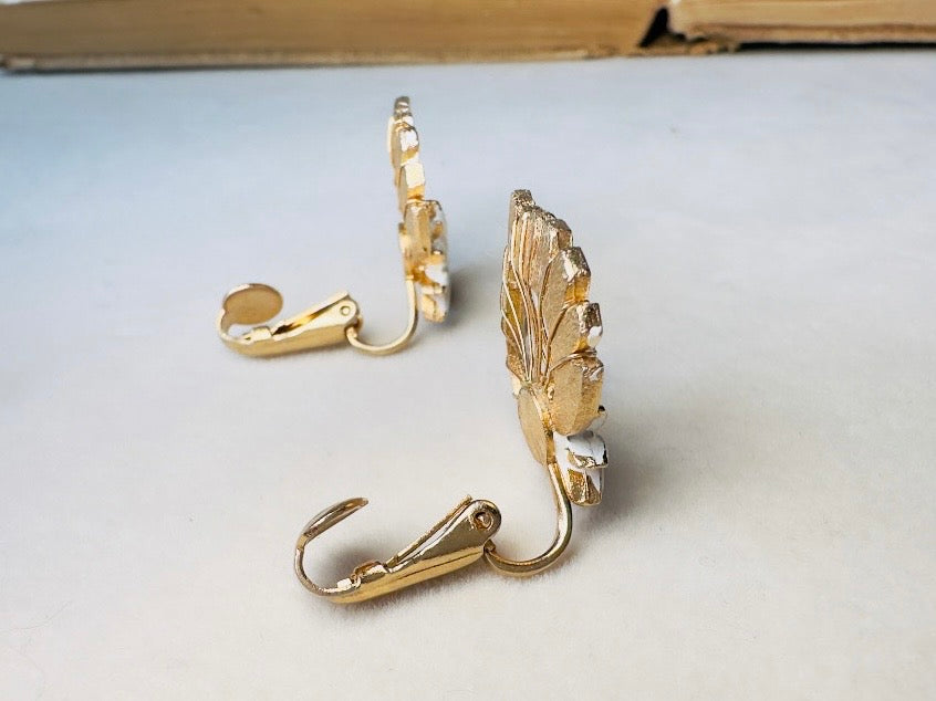 White Enamel Leaf Earrings, Vintage Whimsigoth Jewelry, Unique Gold Wire Work Clip On Earrings