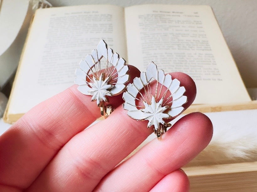 White Enamel Leaf Earrings, Vintage Whimsigoth Jewelry, Unique Gold Wire Work Clip On Earrings