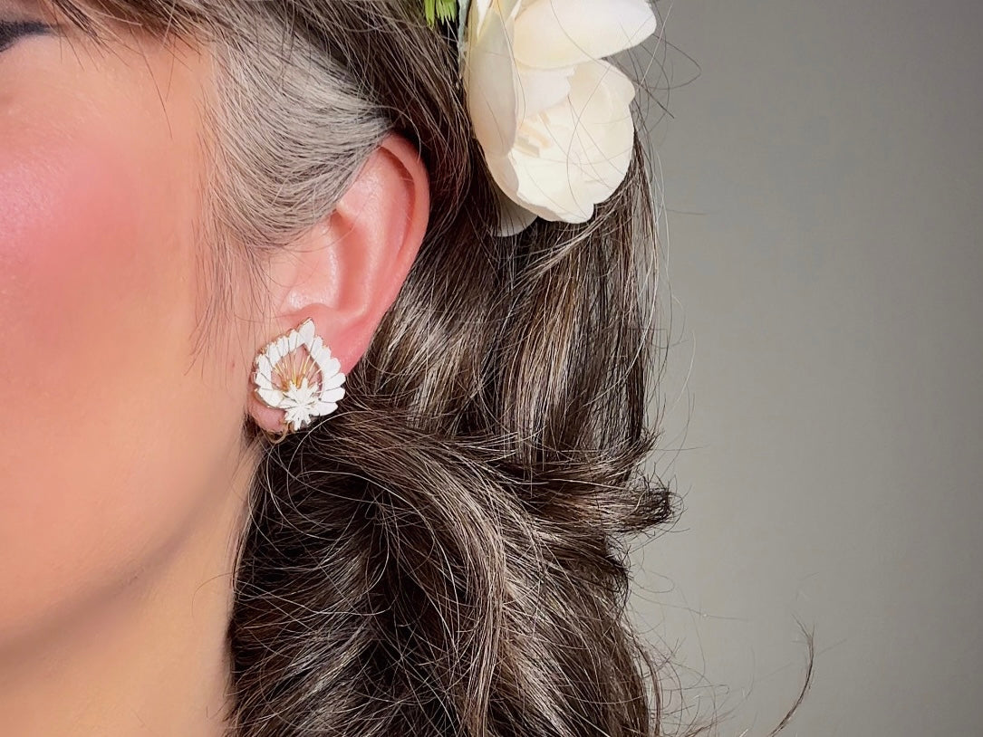 White Enamel Leaf Earrings, Vintage Whimsigoth Jewelry, Unique Gold Wire Work Clip On Earrings