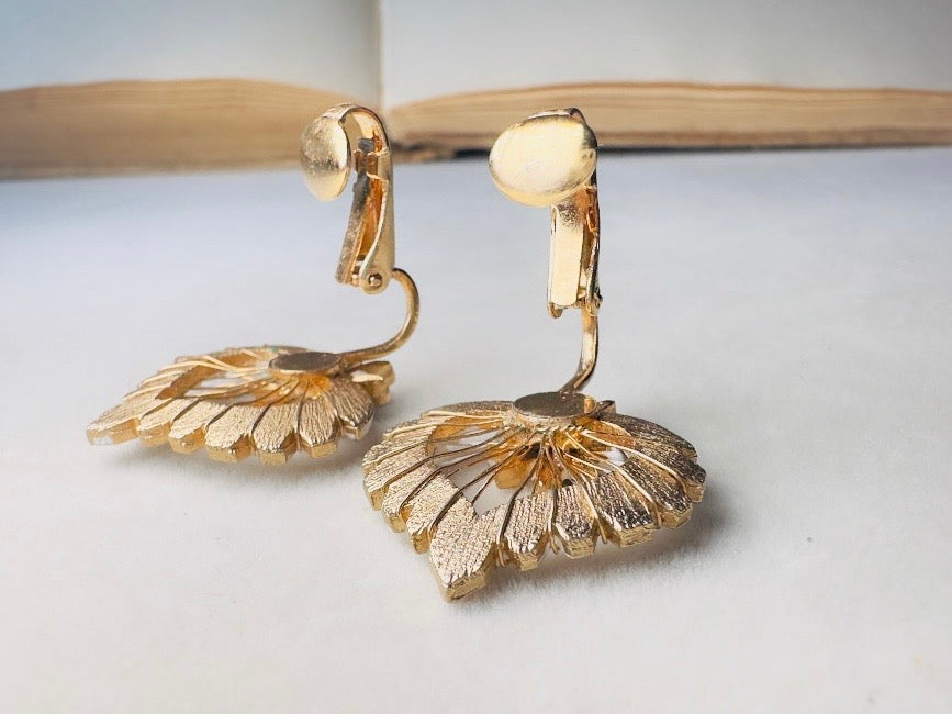 White Enamel Leaf Earrings, Vintage Whimsigoth Jewelry, Unique Gold Wire Work Clip On Earrings