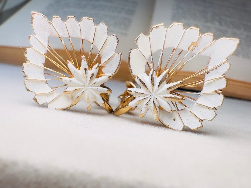 White Enamel Leaf Earrings, Vintage Whimsigoth Jewelry, Unique Gold Wire Work Clip On Earrings