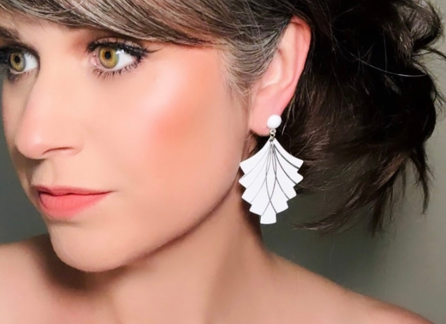 White Fan Earrings, 1960s Vintage Art Deco Pierced Drop Earrings modelled by Bethan Jayne