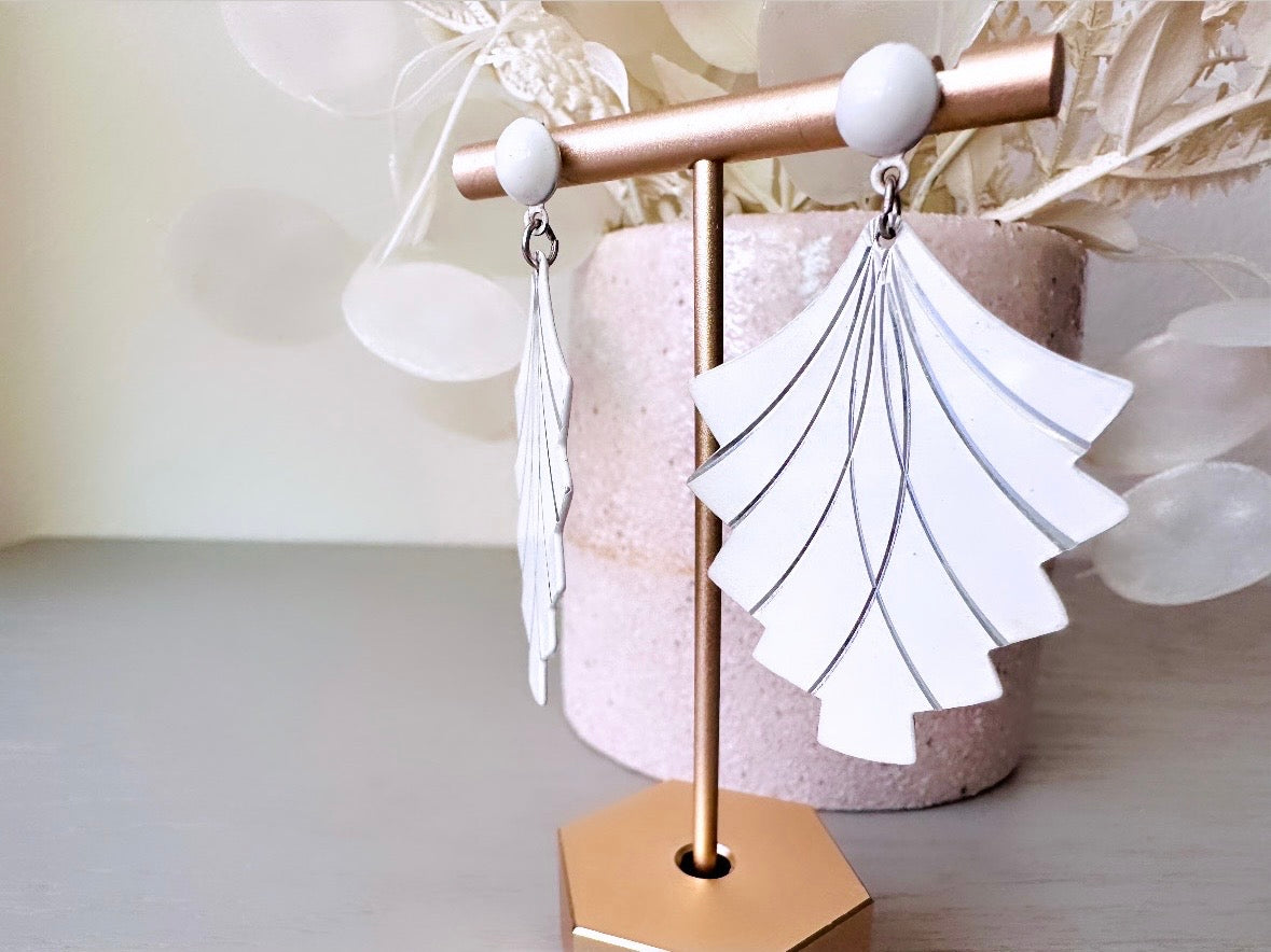 White Fan Earrings, 1960s Vintage Art Deco Pierced Drop Earrings close up 