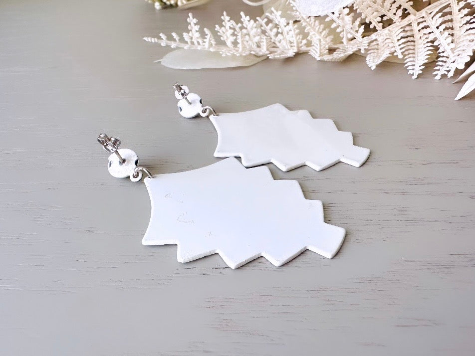 White Fan Earrings, 1960s Vintage Art Deco Pierced Drop Earrings back view
