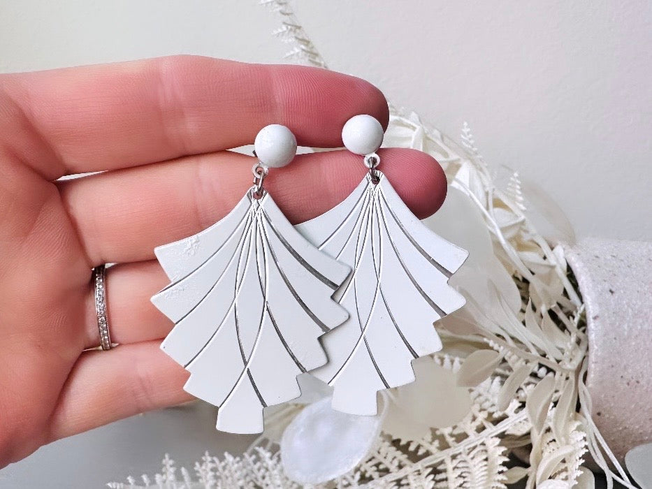 White Fan Earrings, 1960s Vintage Art Deco Pierced Drop Earrings held in hand