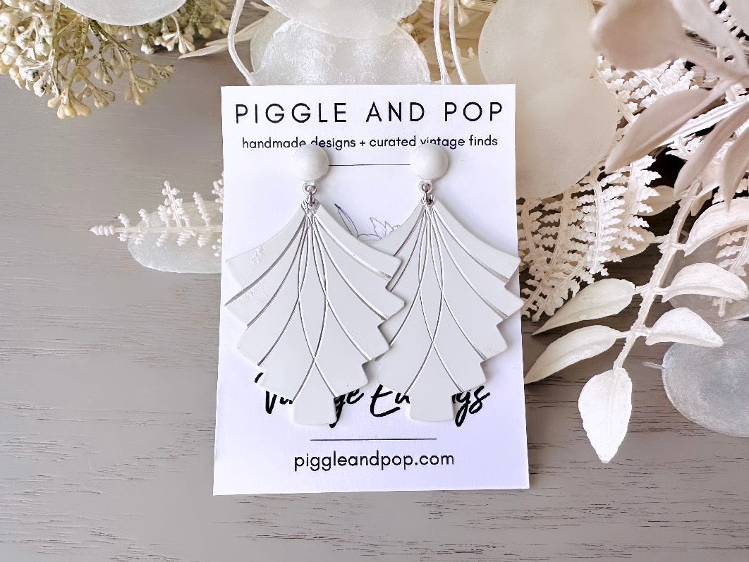 White Fan Earrings, 1960s Vintage Art Deco Pierced Drop Earrings on 
handmade earring cards