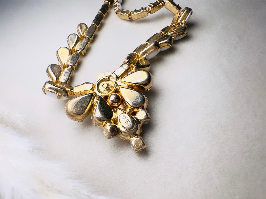 White Milk Glass Necklace, Vintage WEISS Gold 15" Flower Choker Bridal Necklace, Vintage Wedding Jewelry
