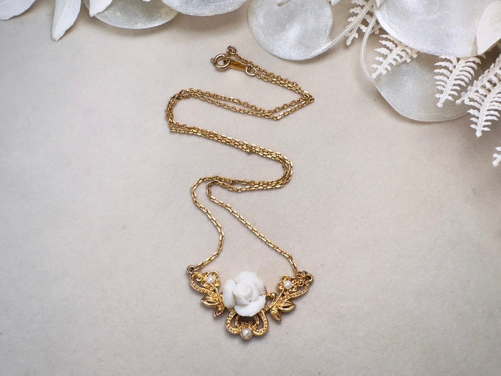 White Porcelain Rose Necklace, Vintage 70s Necklace with Gold Filigree Pendant and Tiny Pearls
