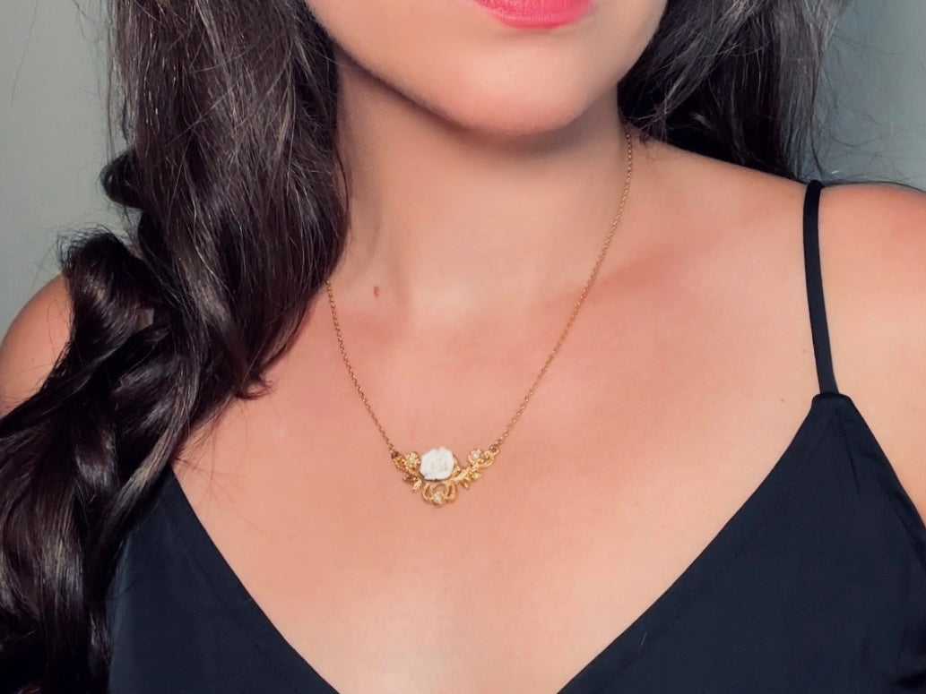 White Porcelain Rose Necklace, Vintage 70s Necklace with Gold Filigree Pendant and Tiny Pearls