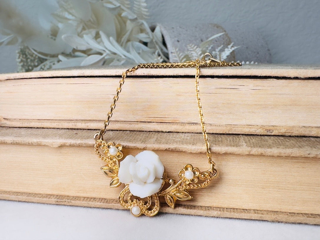 White Porcelain Rose Necklace, Vintage 70s Necklace with Gold Filigree Pendant and Tiny Pearls