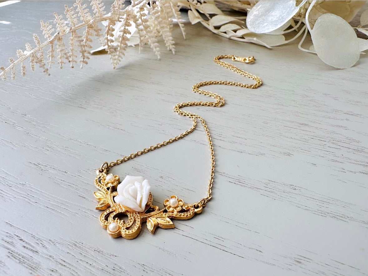 White Porcelain Rose Necklace, Vintage 70s Necklace with Gold Filigree Pendant and Tiny Pearls