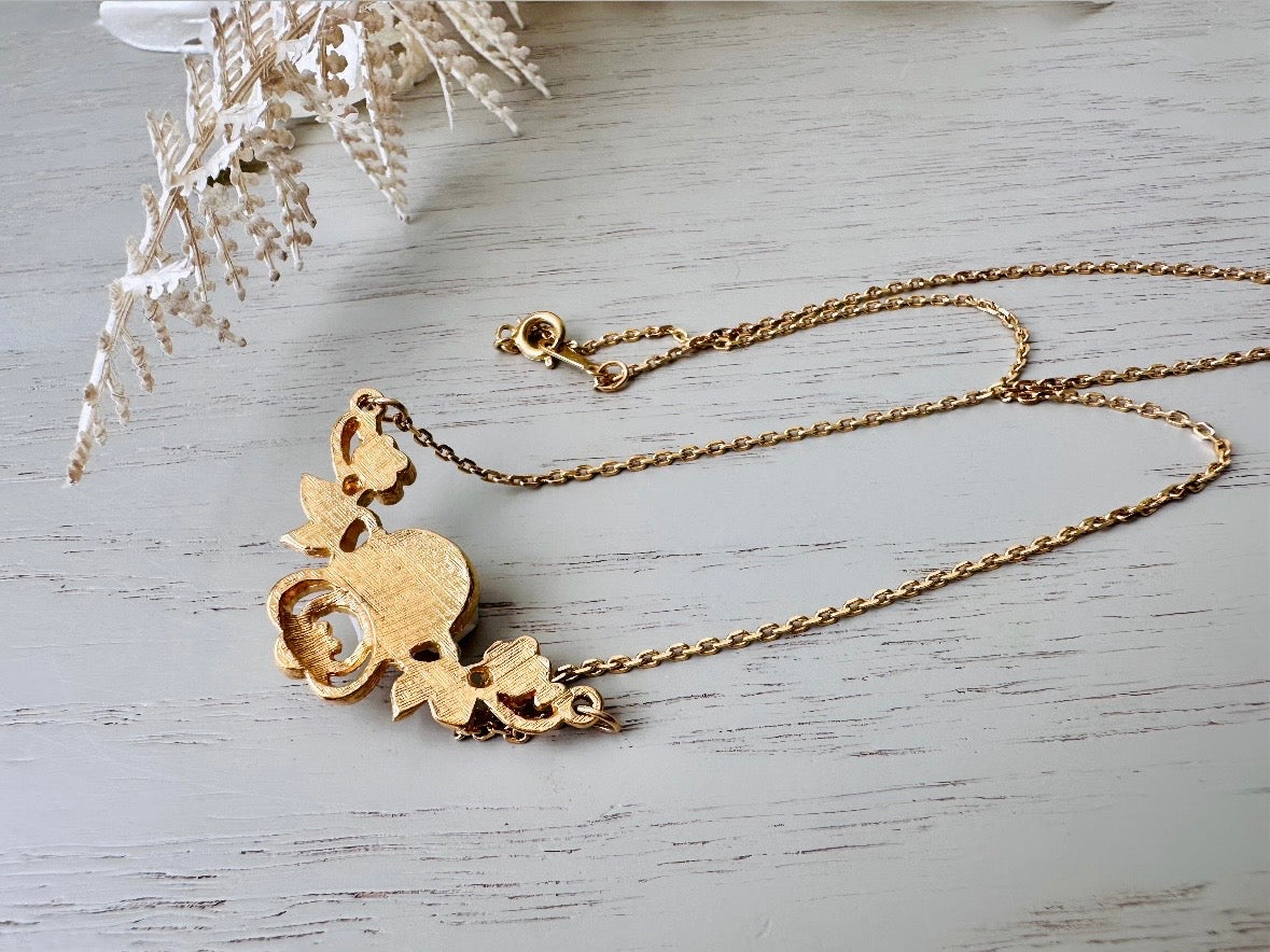 White Porcelain Rose Necklace, Vintage 70s Necklace with Gold Filigree Pendant and Tiny Pearls