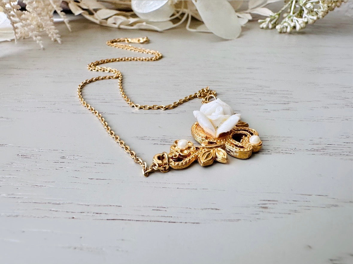 White Porcelain Rose Necklace, Vintage 70s Necklace with Gold Filigree Pendant and Tiny Pearls
