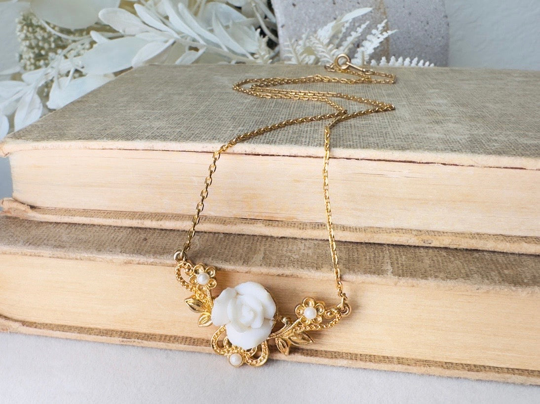 White Porcelain Rose Necklace, Vintage 70s Necklace with Gold Filigree Pendant and Tiny Pearls