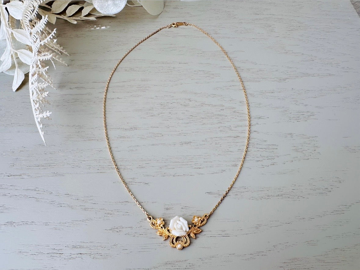 White Porcelain Rose Necklace, Vintage 70s Necklace with Gold Filigree Pendant and Tiny Pearls