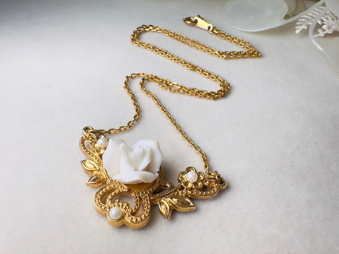 White Porcelain Rose Necklace, Vintage 70s Necklace with Gold Filigree Pendant and Tiny Pearls