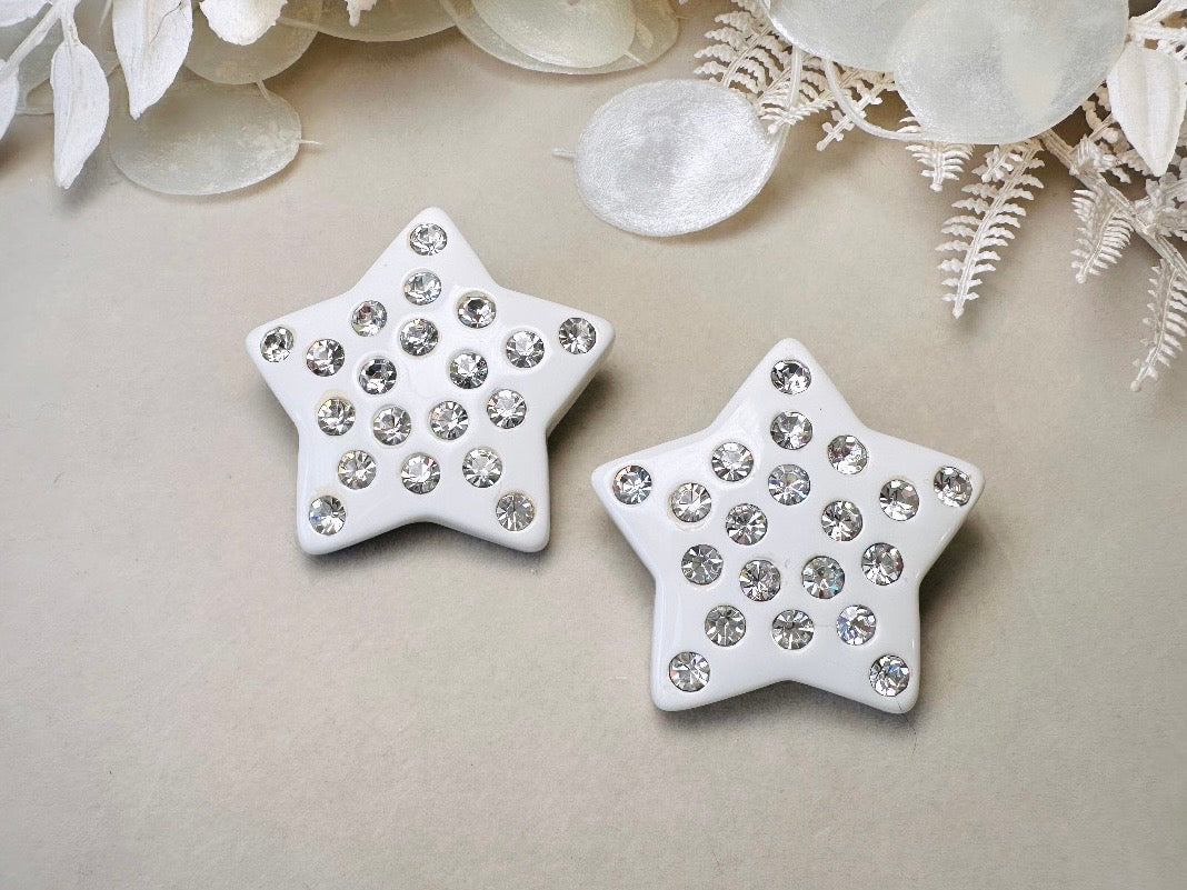 White Star Earrings, Oversized Vintage Celestial Clip Ons with Rhinestones, Huge Rockstar 80s Statement Earrings