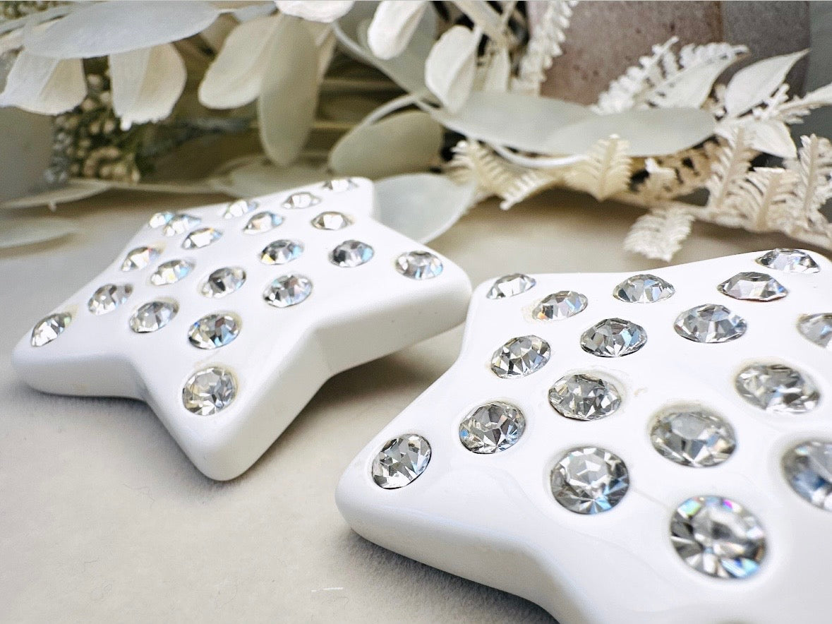 White Star Earrings, Oversized Vintage Celestial Clip Ons with Rhinestones, Huge Rockstar 80s Statement Earrings