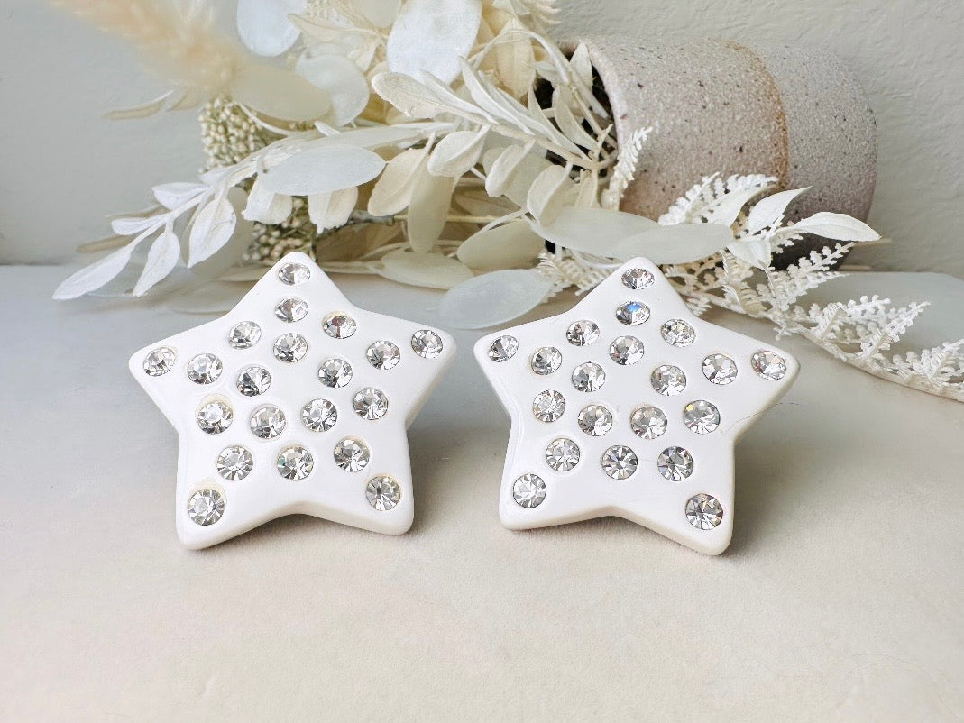 White Star Earrings, Oversized Vintage Celestial Clip Ons with Rhinestones, Huge Rockstar 80s Statement Earrings
