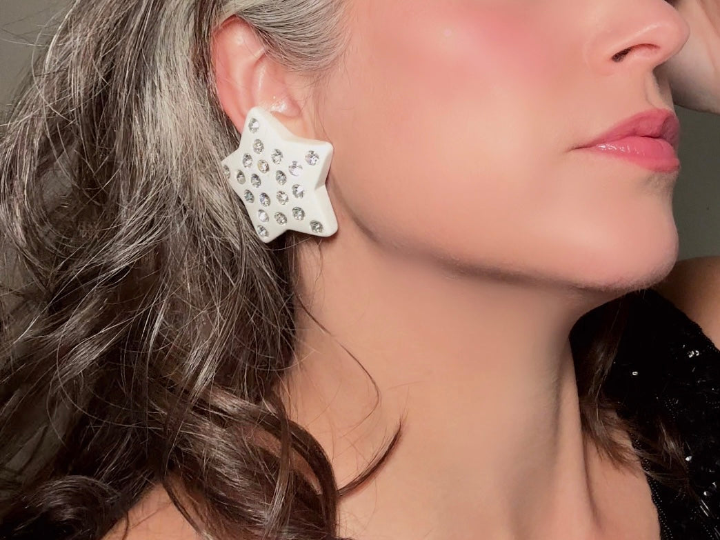 White Star Earrings, Oversized Vintage Celestial Clip Ons with Rhinestones, Huge Rockstar 80s Statement Earrings