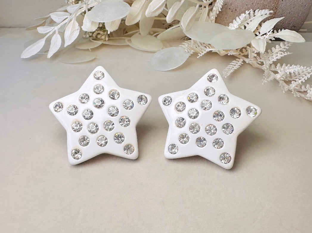 White Star Earrings, Oversized Vintage Celestial Clip Ons with Rhinestones, Huge Rockstar 80s Statement Earrings