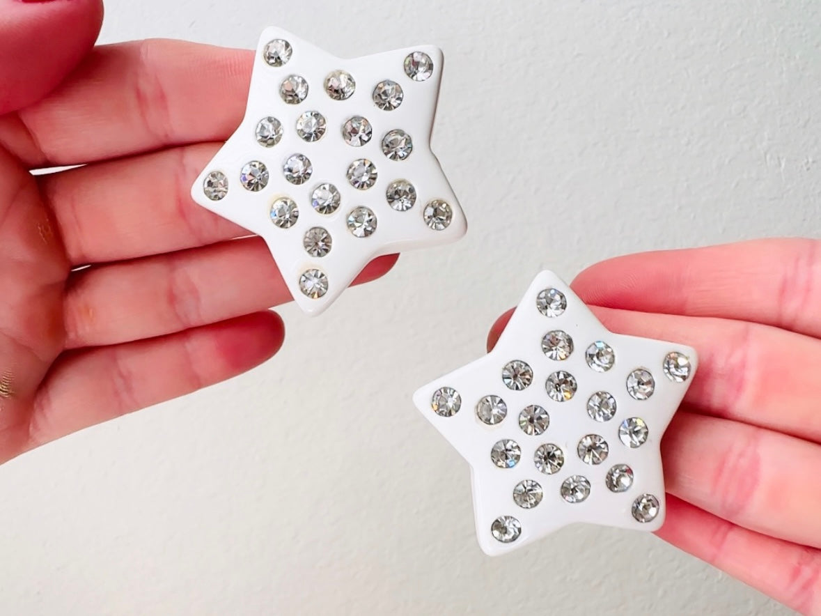 White Star Earrings, Oversized Vintage Celestial Clip Ons with Rhinestones, Huge Rockstar 80s Statement Earrings