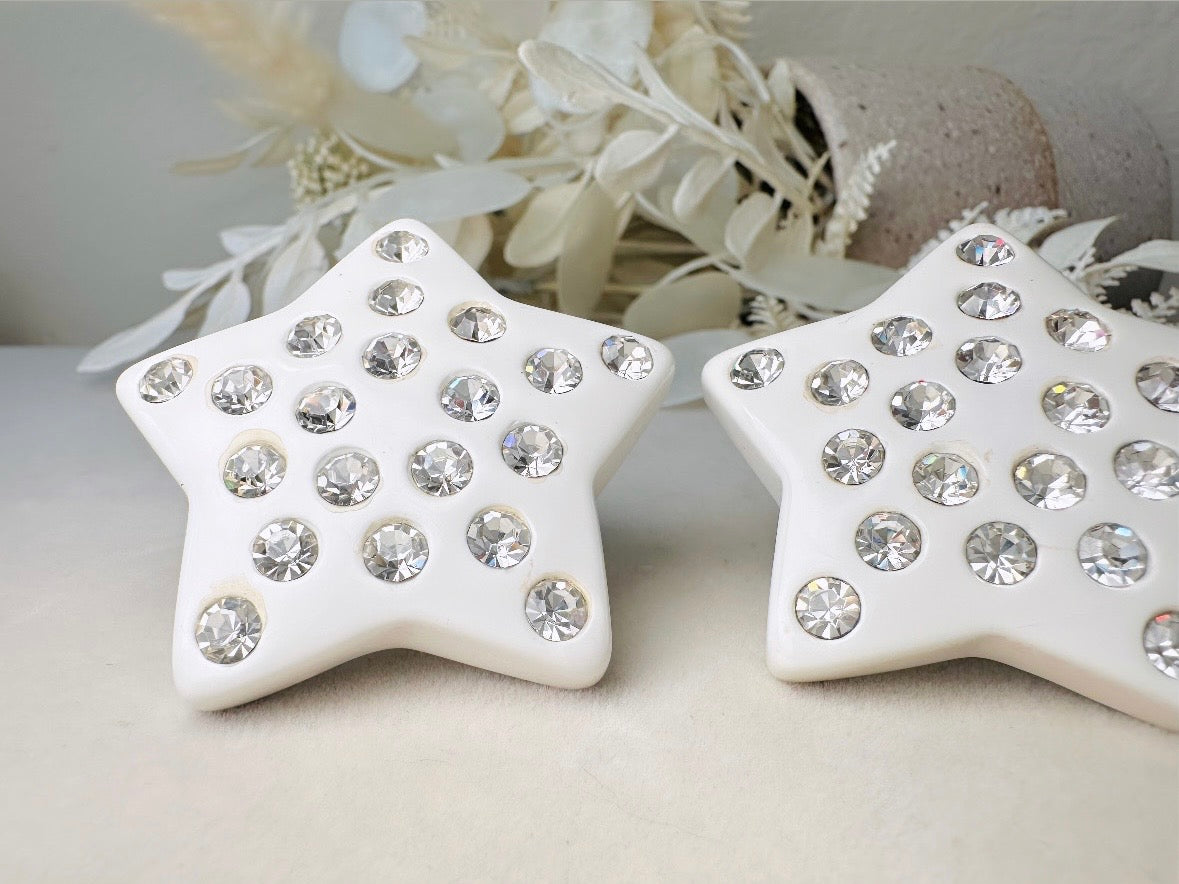 White Star Earrings, Oversized Vintage Celestial Clip Ons with Rhinestones, Huge Rockstar 80s Statement Earrings