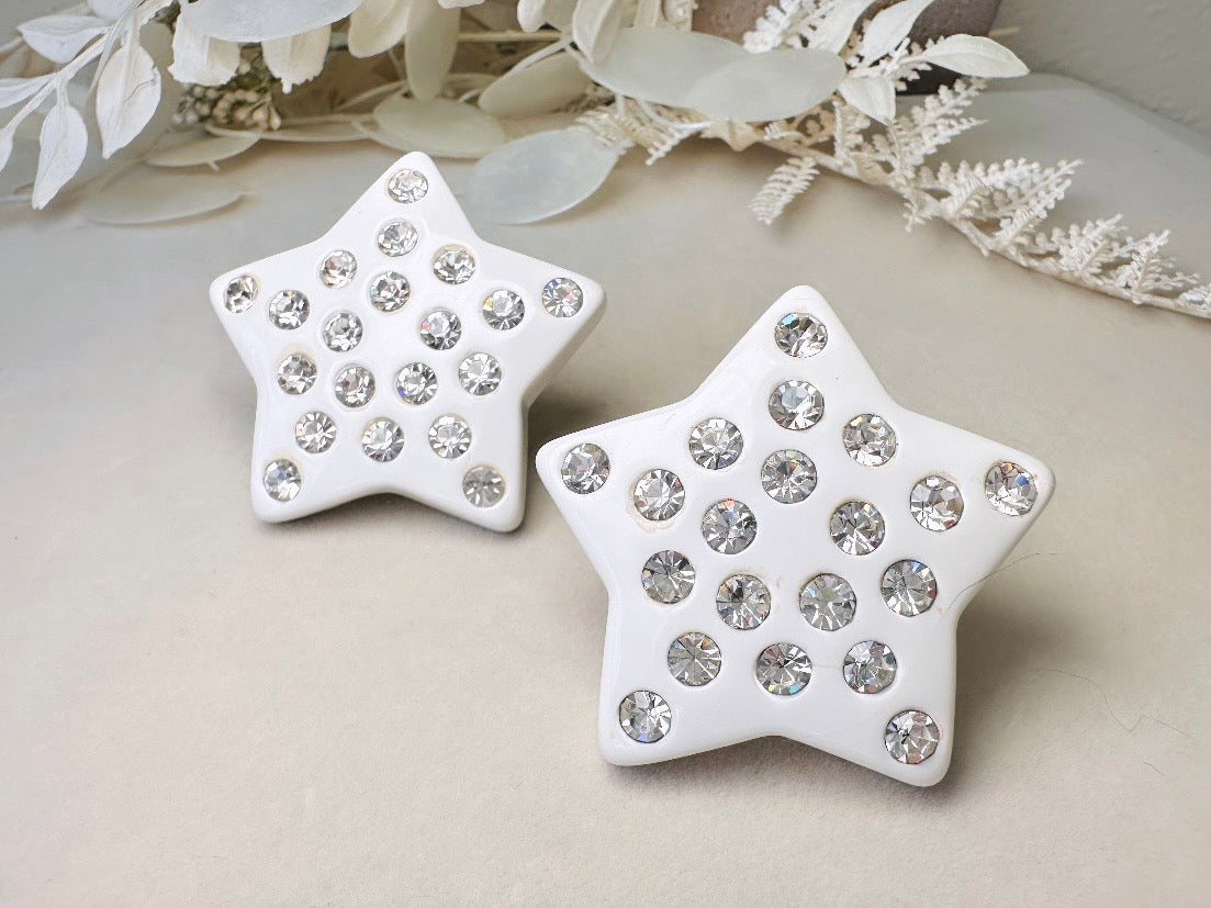 White Star Earrings, Oversized Vintage Celestial Clip Ons with Rhinestones, Huge Rockstar 80s Statement Earrings
