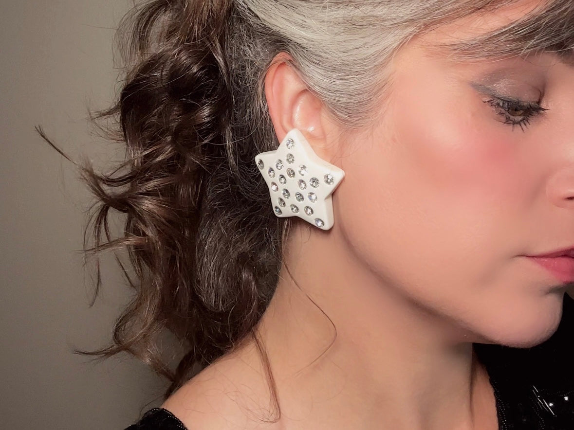 White Star Earrings, Oversized Vintage Celestial Clip Ons with Rhinestones, Huge Rockstar 80s Statement Earrings