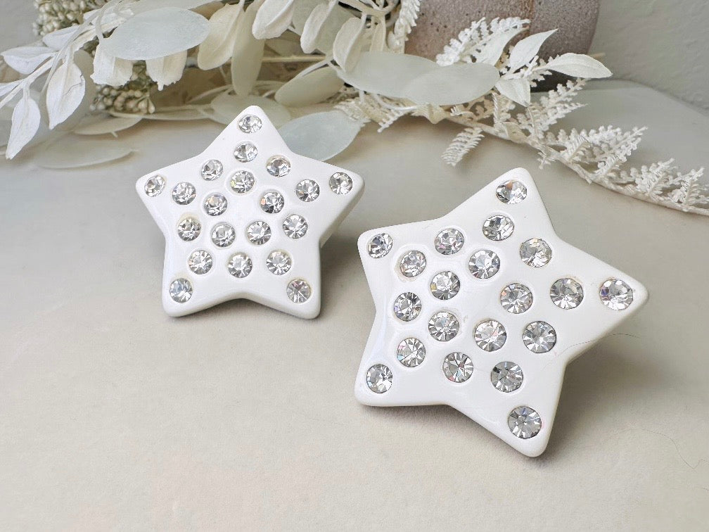 White Star Earrings, Oversized Vintage Celestial Clip Ons with Rhinestones, Huge Rockstar 80s Statement Earrings