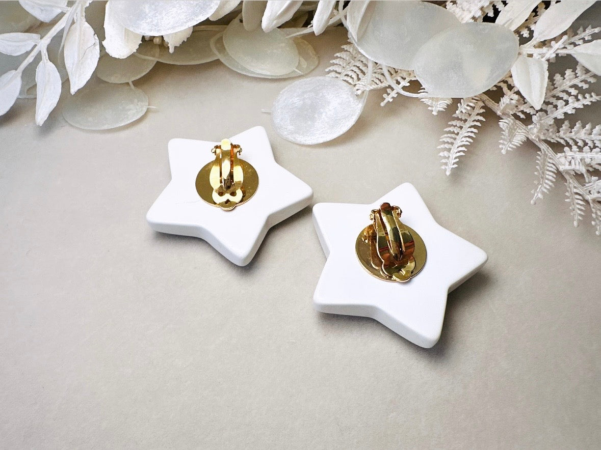 White Star Earrings, Oversized Vintage Celestial Clip Ons with Rhinestones, Huge Rockstar 80s Statement Earrings