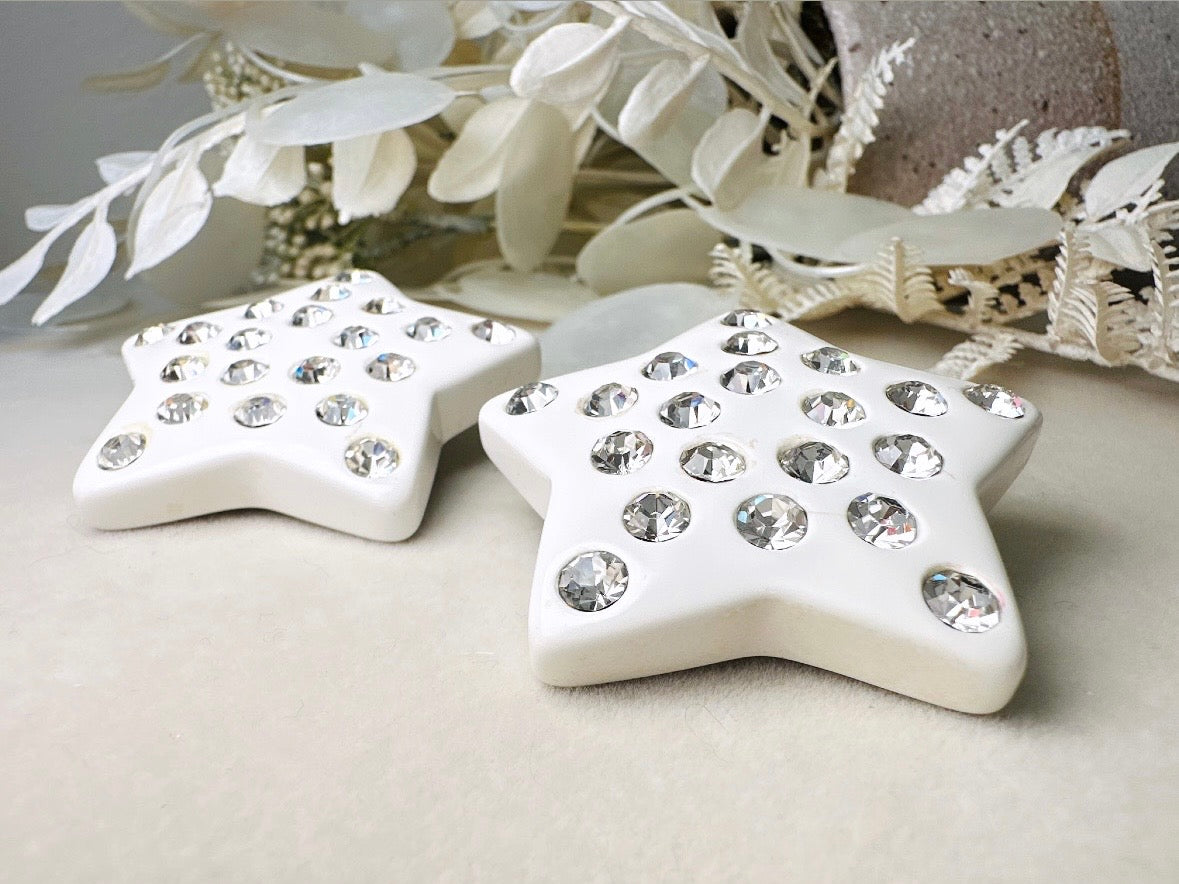 White Star Earrings, Oversized Vintage Celestial Clip Ons with Rhinestones, Huge Rockstar 80s Statement Earrings