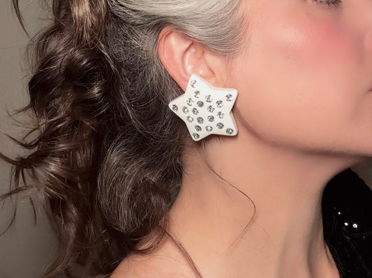 White Star Earrings, Oversized Vintage Celestial Clip Ons with Rhinestones, Huge Rockstar 80s Statement Earrings