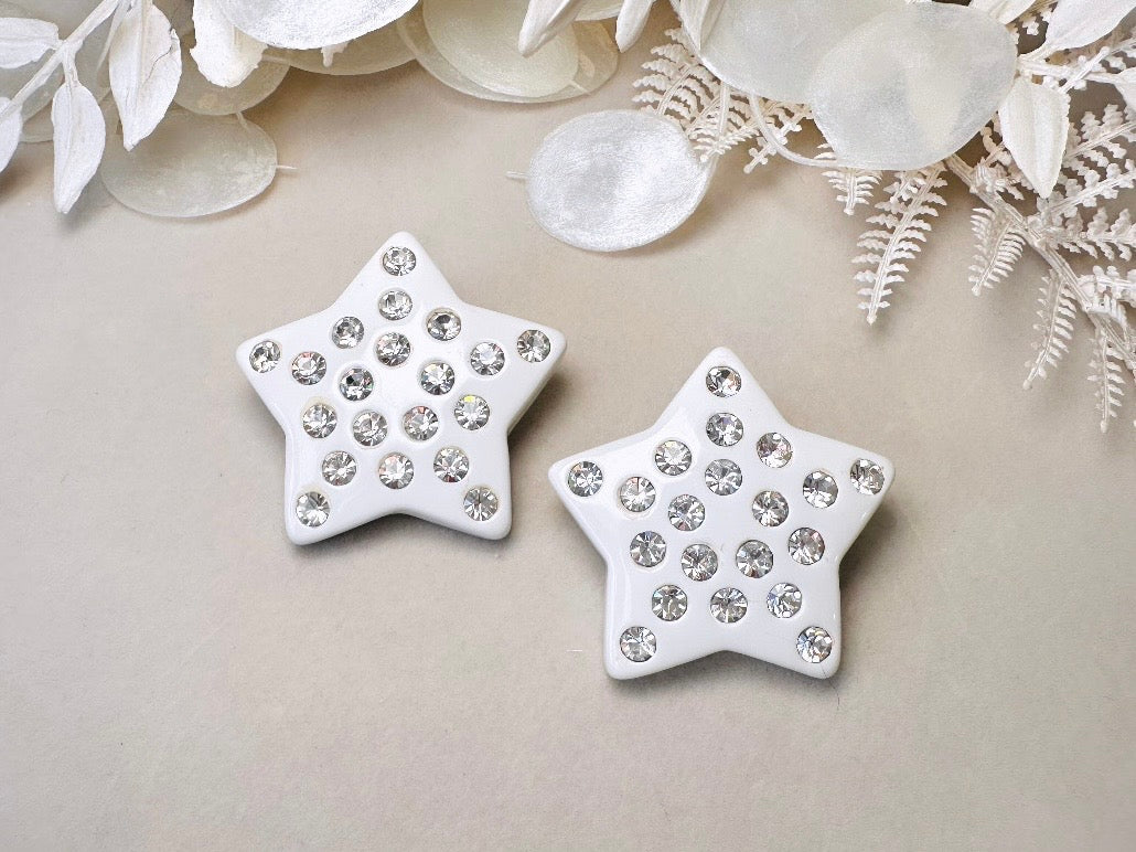 White Star Earrings, Oversized Vintage Celestial Clip Ons with Rhinestones, Huge Rockstar 80s Statement Earrings