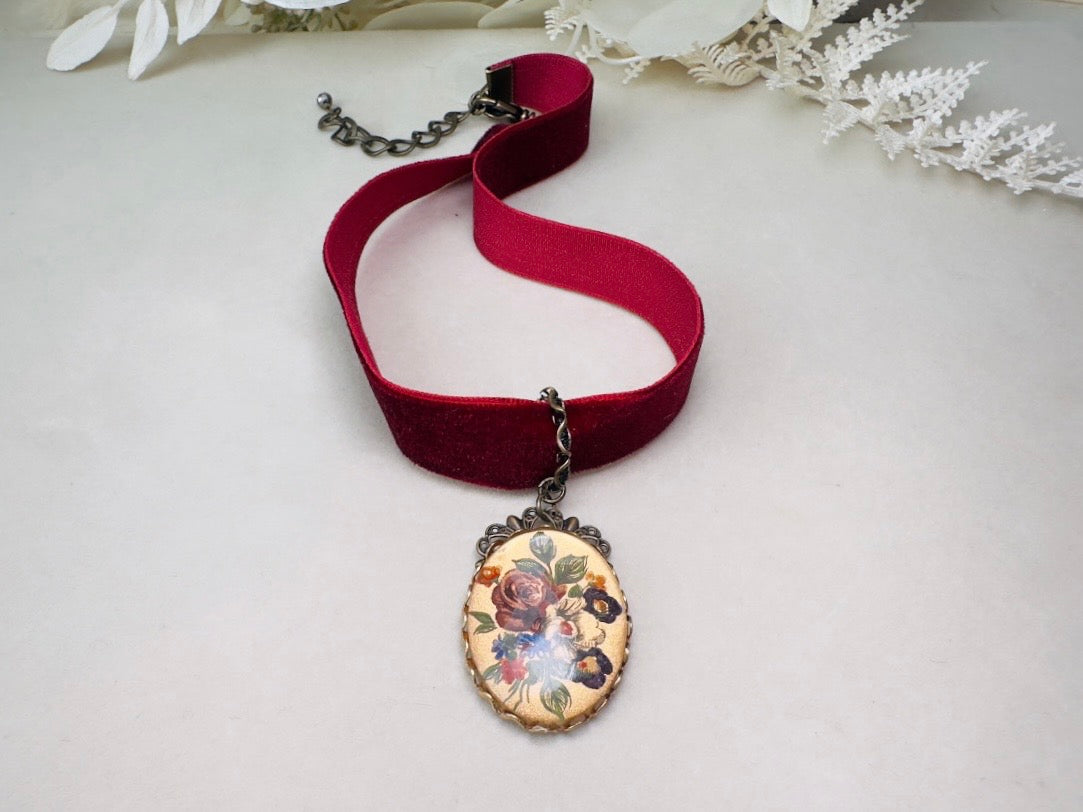 Wine Red Velvet Choker Necklace with Antique Glass Flower Pendant, Burgundy Victorian Ribbon Choker with Floral Cameo Holiday Necklace