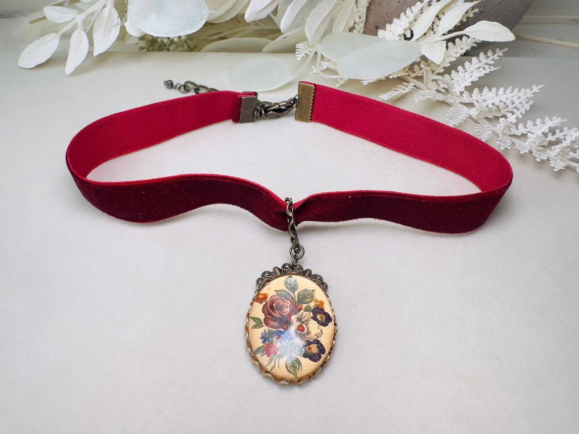 Wine Red Velvet Choker Necklace with Antique Glass Flower Pendant, Burgundy Victorian Ribbon Choker with Floral Cameo Holiday Necklace