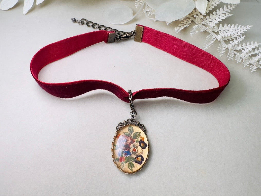 Wine Red Velvet Choker Necklace with Antique Glass Flower Pendant, Burgundy Victorian Ribbon Choker with Floral Cameo Holiday Necklace