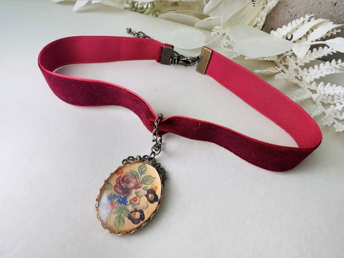 Wine Red Velvet Choker Necklace with Antique Glass Flower Pendant, Burgundy Victorian Ribbon Choker with Floral Cameo Holiday Necklace