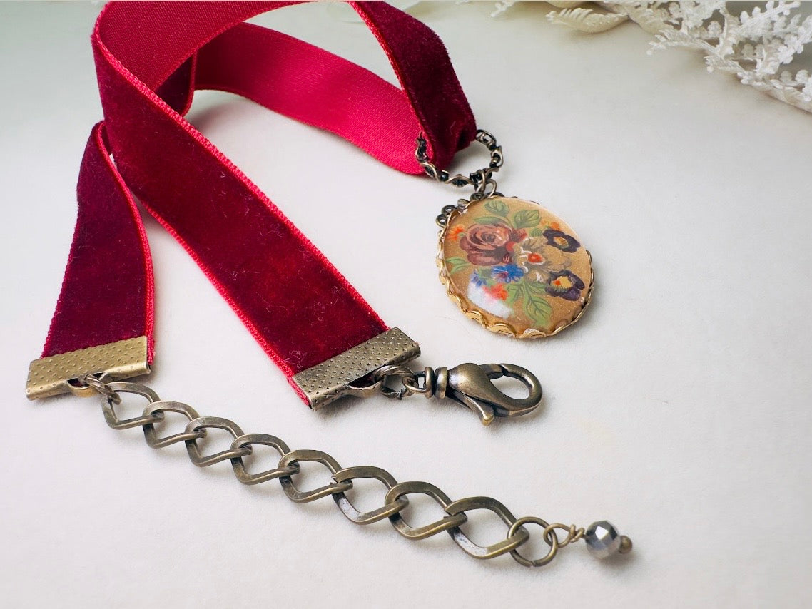 Wine Red Velvet Choker Necklace with Antique Glass Flower Pendant, Burgundy Victorian Ribbon Choker with Floral Cameo Holiday Necklace