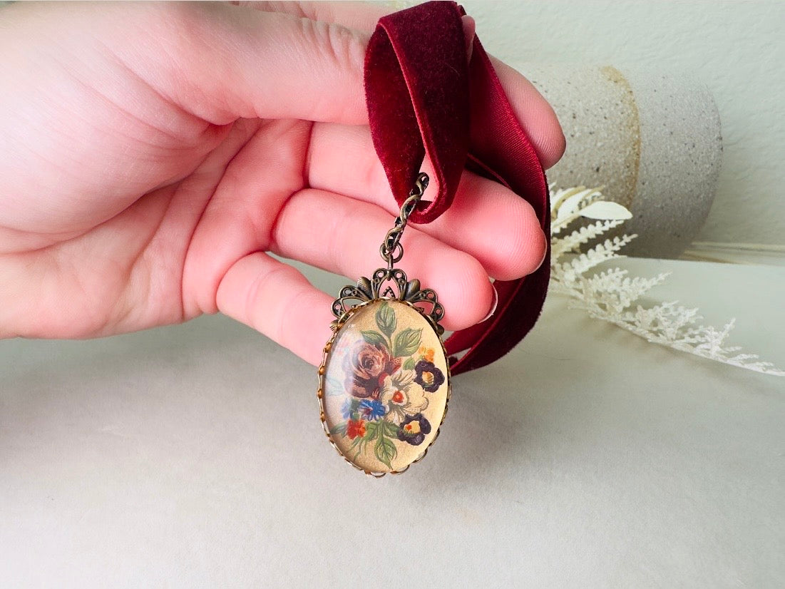 Wine Red Velvet Choker Necklace with Antique Glass Flower Pendant, Burgundy Victorian Ribbon Choker with Floral Cameo Holiday Necklace