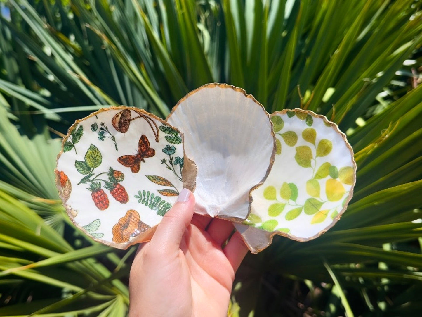 Woodland Shell Trinket Dish with Whimsical Leaf, Mushroom and Butterfly Decoupage, Handmade Coastal Jewelry Holder, Choose Your Pattern