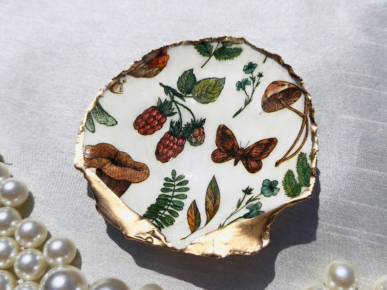 Woodland Shell Trinket Dish with Whimsical Leaf, Mushroom and Butterfly Decoupage, Handmade Coastal Jewelry Holder, Choose Your Pattern