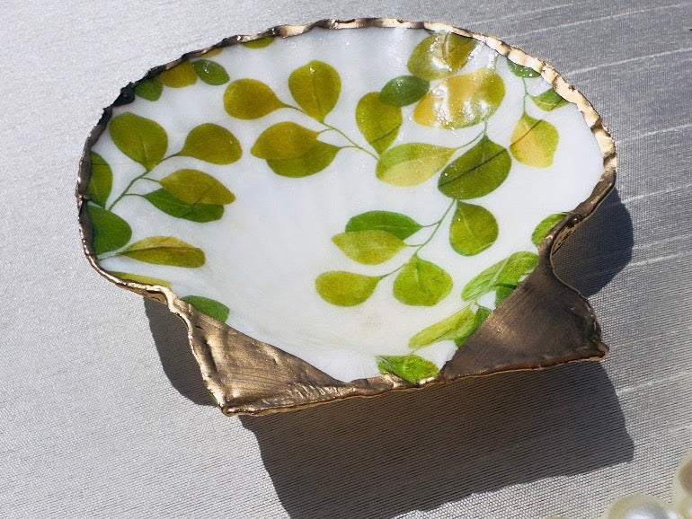 Woodland Shell Trinket Dish with Whimsical Leaf, Mushroom and Butterfly Decoupage, Handmade Coastal Jewelry Holder, Choose Your Pattern