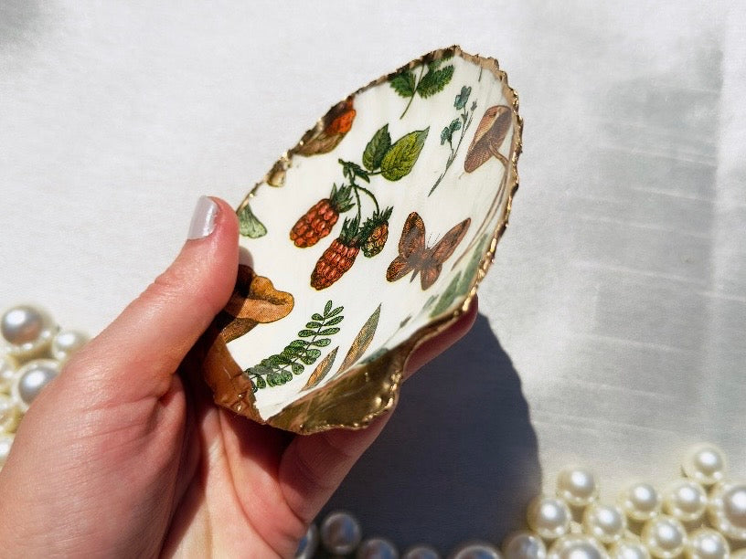 Woodland Shell Trinket Dish with Whimsical Leaf, Mushroom and Butterfly Decoupage, Handmade Coastal Jewelry Holder, Choose Your Pattern