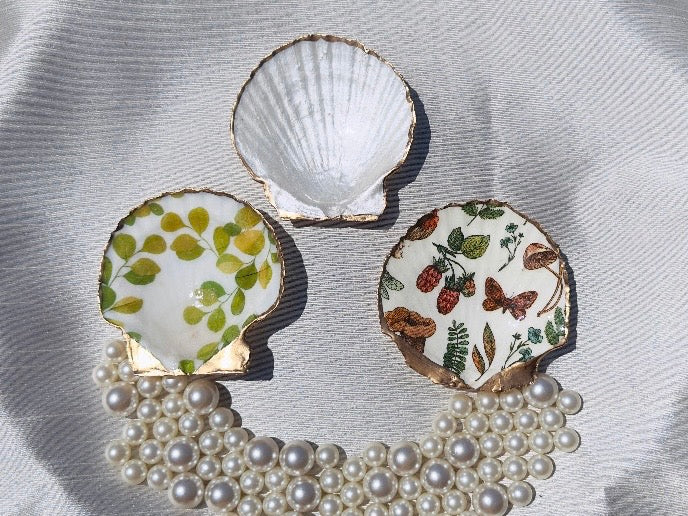 Woodland Shell Trinket Dish with Whimsical Leaf, Mushroom and Butterfly Decoupage, Handmade Coastal Jewelry Holder, Choose Your Pattern