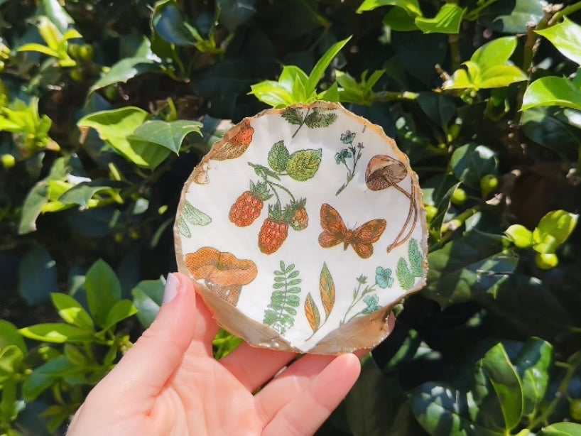 Woodland Shell Trinket Dish with Whimsical Leaf, Mushroom and Butterfly Decoupage, Handmade Coastal Jewelry Holder, Choose Your Pattern