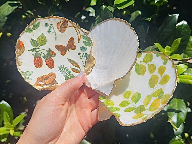 Woodland Shell Trinket Dish with Whimsical Leaf, Mushroom and Butterfly Decoupage, Handmade Coastal Jewelry Holder, Choose Your Pattern