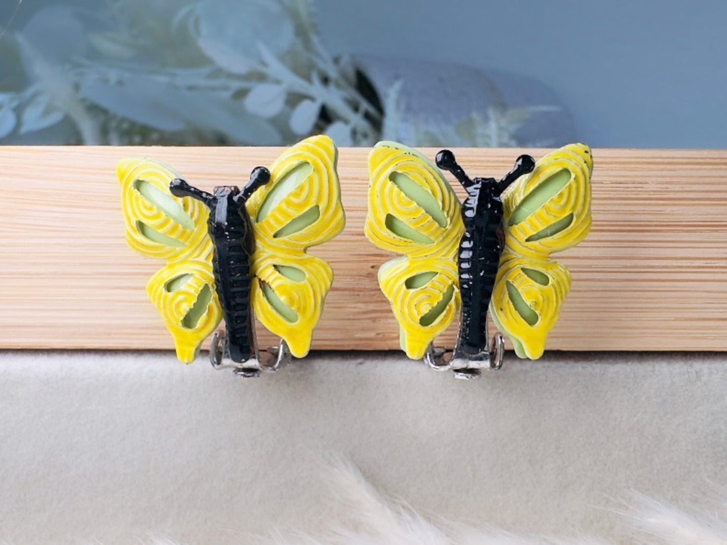 Yellow Butterfly Earrings, Whimsical 70s Vintage Enamel Clip On Earrings
